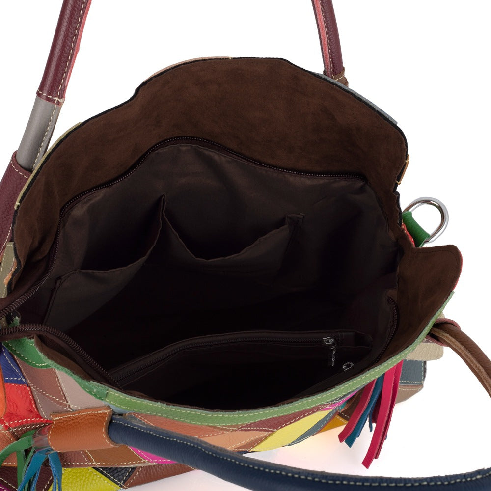 Genuine Cowhide Color Block Tote Bag for Women, New Niche Designer Handmade Pattern Shoulder Purse, Trendy Everyday Handbag for Ladies