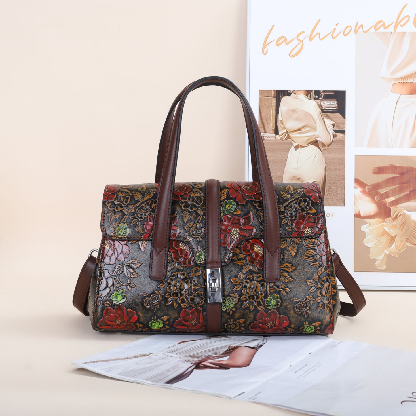 Vintage Floral Tote Bag for Women Shoulder Handbag, Blooming Flower Print Purse with Timeless Elegant Design