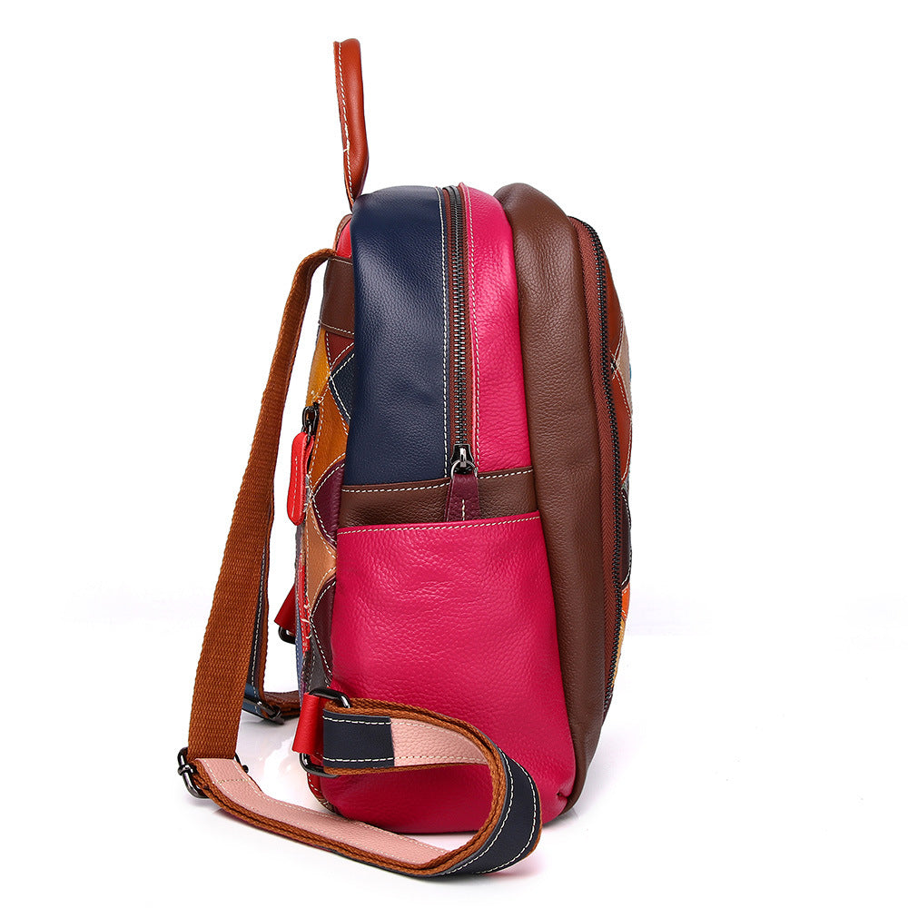 Premium Top-Layer Cowhide Leather Backpack for Women | Colorful Plaid Color-Block Design with Ethnic Bohemian Flair | Casual Trendy Rucksack for Travel, School & Daily Outings | Spacious Lightweight Daypack with Unique Artistic Style
