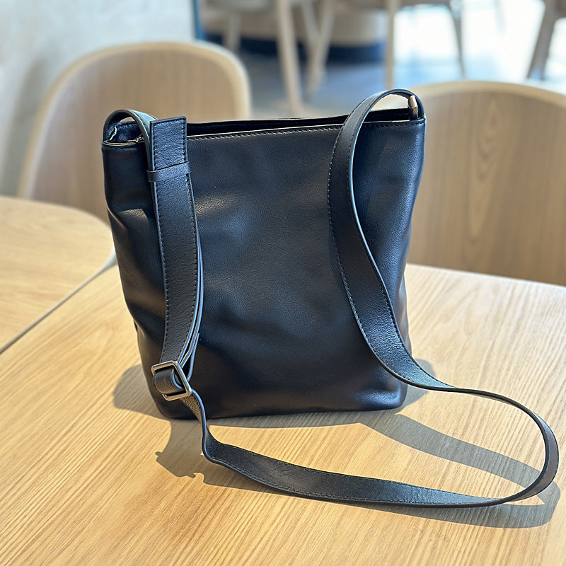 Genuine Soft Cowhide Bucket Bag for Women, New Japanese Casual Vintage Shoulder Crossbody Purse, Versatile Everyday Handbag for Ladies