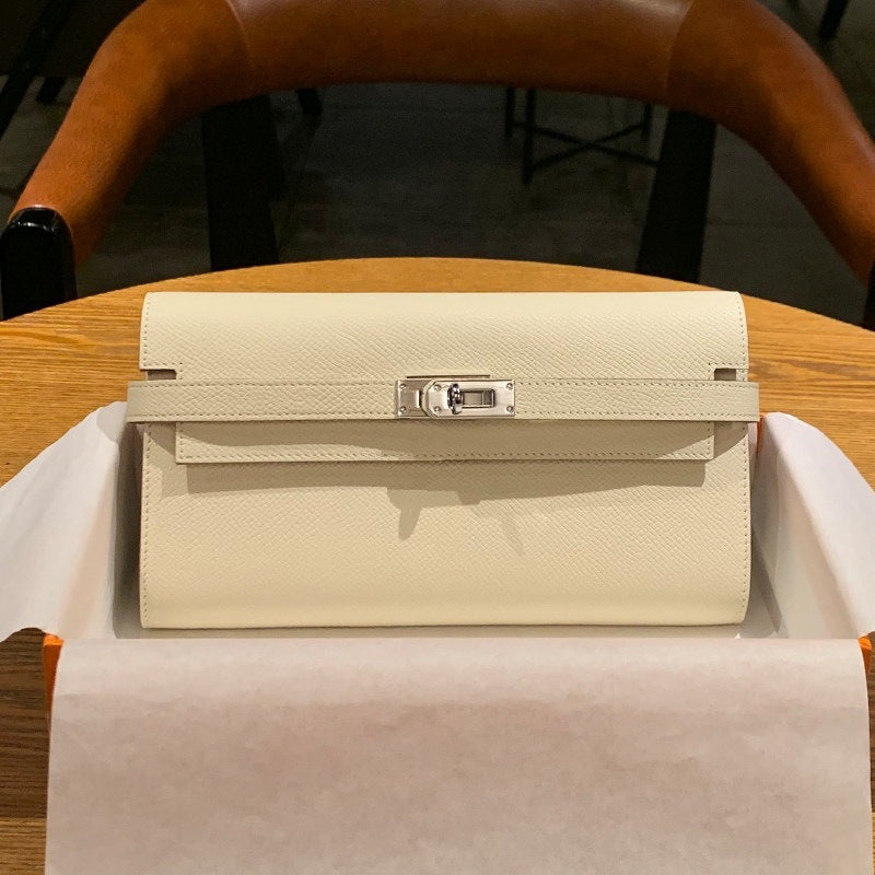Genuine Togo Leather Long Wallet Clutch for Women, Hermès-Inspired Kelly-Style Money Holder, Premium Epsom Leather Phone Bag for Ladies