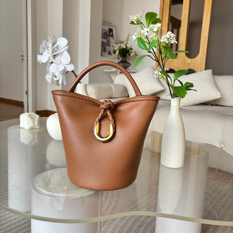 Genuine Cowhide Handwoven Bucket Bag with U-Buckle, New Vintage Shoulder Crossbody Top Handle Purse, Premium Handwoven Handbag for Ladies