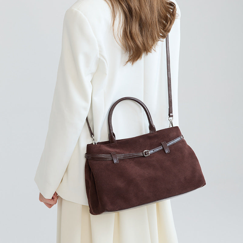 Suede Cowhide Tote Bag for Women Vintage Commuter Shoulder Handbag, Premium Textured Purse with Timeless Elegance