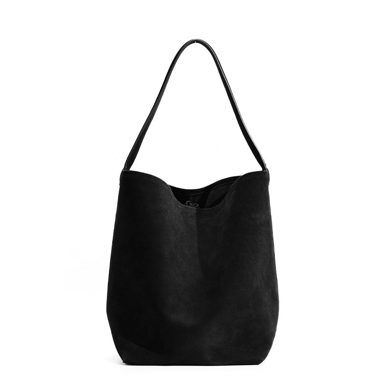 Genuine Matte Leather Bucket Bag for Women, Niche Versatile Solid Color Commute Shoulder Top Handle Purse, Premium Large Capacity Handbag for Ladies