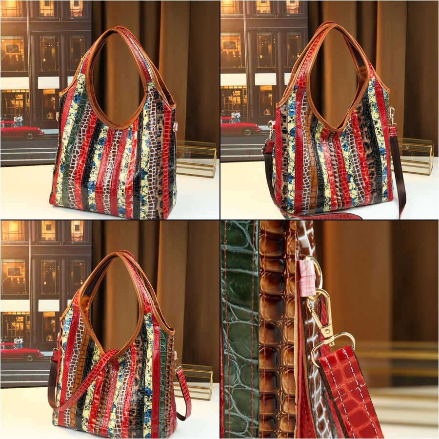 Genuine Leather Patchwork Tote Bag for Women Large Capacity Shoulder Crossbody Handbag, Vintage Trendy Purse with Versatile Everyday Style