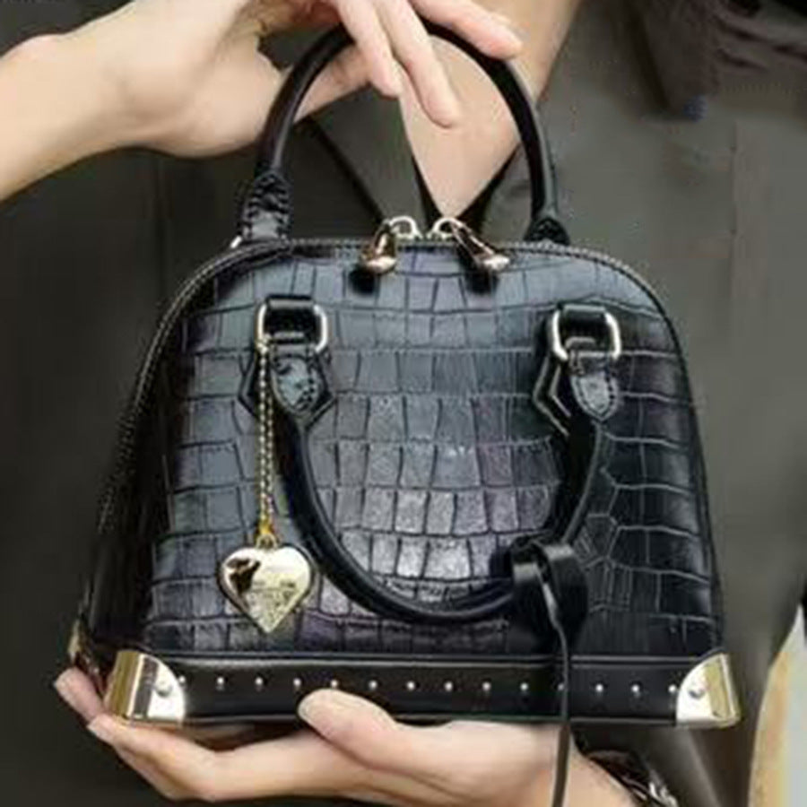 Chic French Style Croc-Effect Shell Bag for Women, A Light Luxury Structured Top-Handle Handbag with Metal Stud Details & Heart Charm, Versatile Shoulder Crossbody Purse