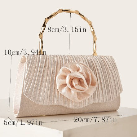 French Light Luxury Pleated Satin Evening Clutch for Women, New Floral Gold Bamboo Handle Top Handle Bag, Elegant Formal Party Purse for Ladies