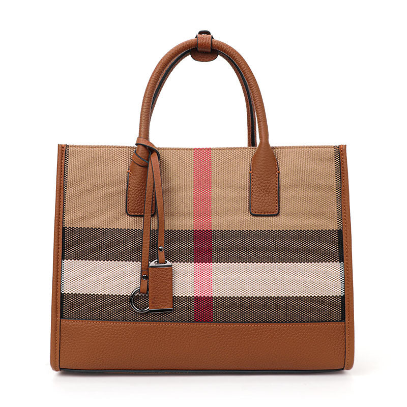 New Premium Leather Trim Plaid Tote Bag, Large Capacity Casual Shoulder Handbag, Fashionable Everyday Purse for Women