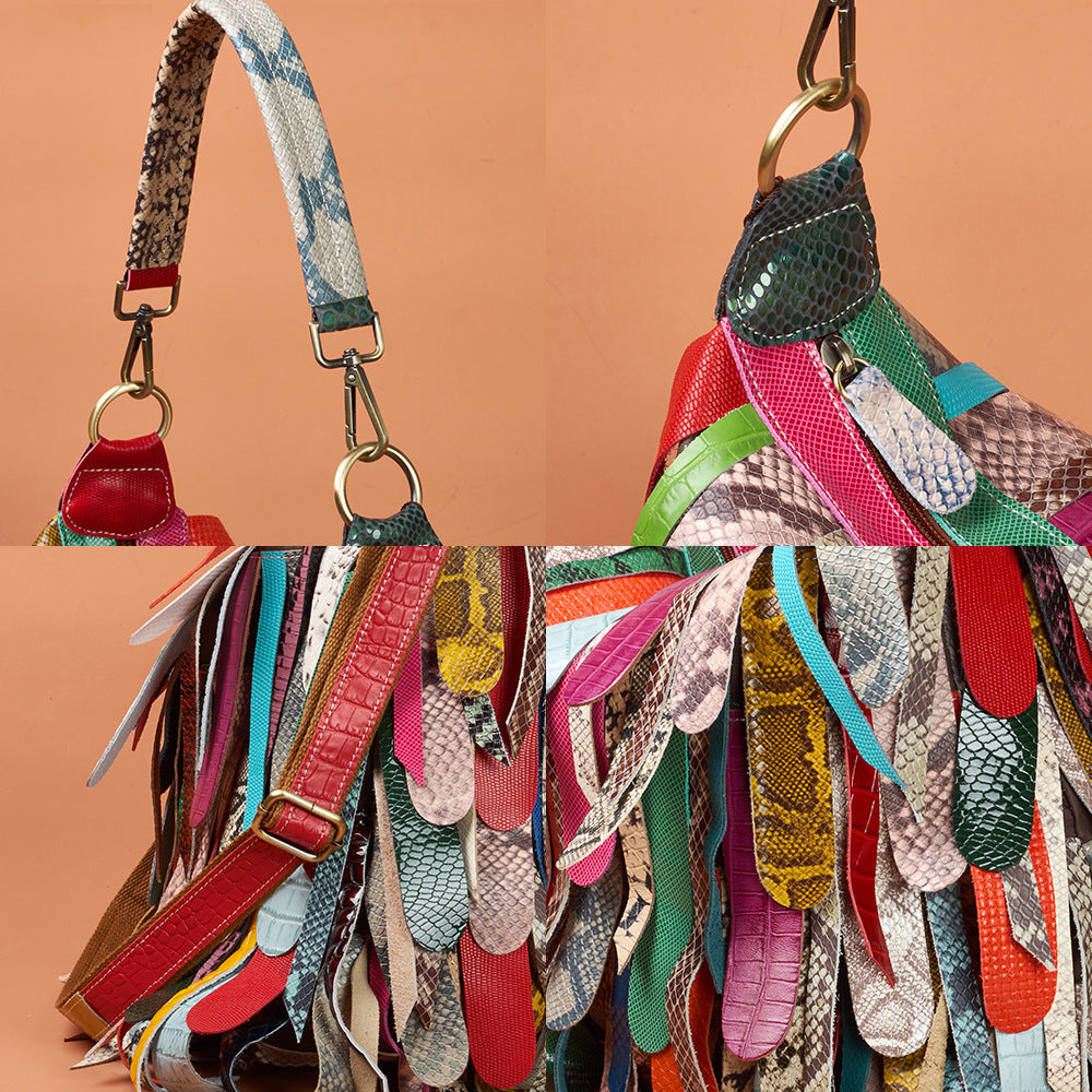 Genuine Leather Colorful Tassel Handbag for Women, Trendy Street Style Crossbody Shoulder Bag, New Patchwork Design Underarm Purse for Ladies