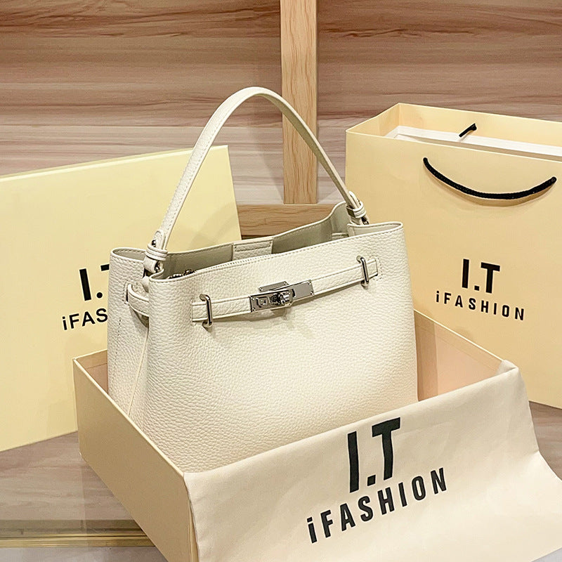 Genuine Leather Kelly-Style Bag for Women, New Early Spring Fashionable Shoulder Crossbody Top Handle Purse, Versatile Trendy Commute Handbag, Light Luxury for Ladies