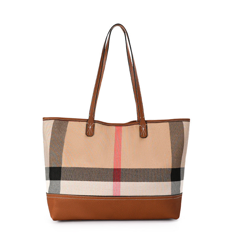 New Large Capacity Plaid Canvas Tote Bag with Leather Trim, Fashionable Casual Shoulder Handbag, Premium Bag for Women