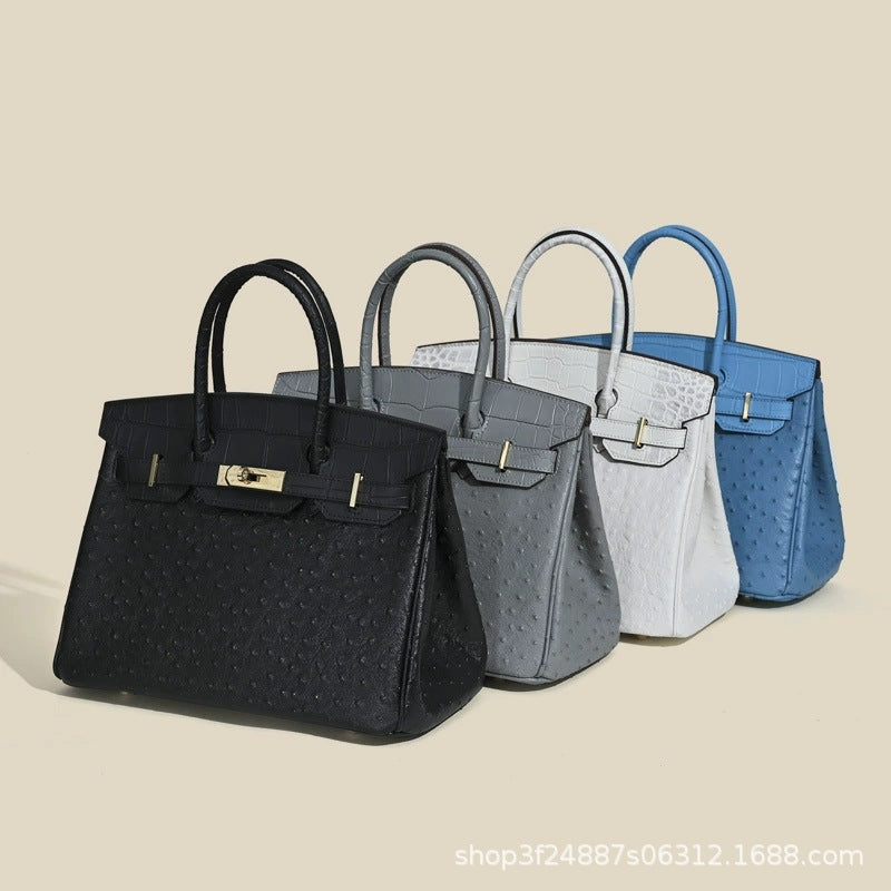 Premium Ostrich-Embossed Birkin-Inspired Tote Bag for Women, Top-Layer Cowhide Leather with Spacious Large Capacity, Ideal Business Commuter Top-Handle Handbag for Work & Everyday