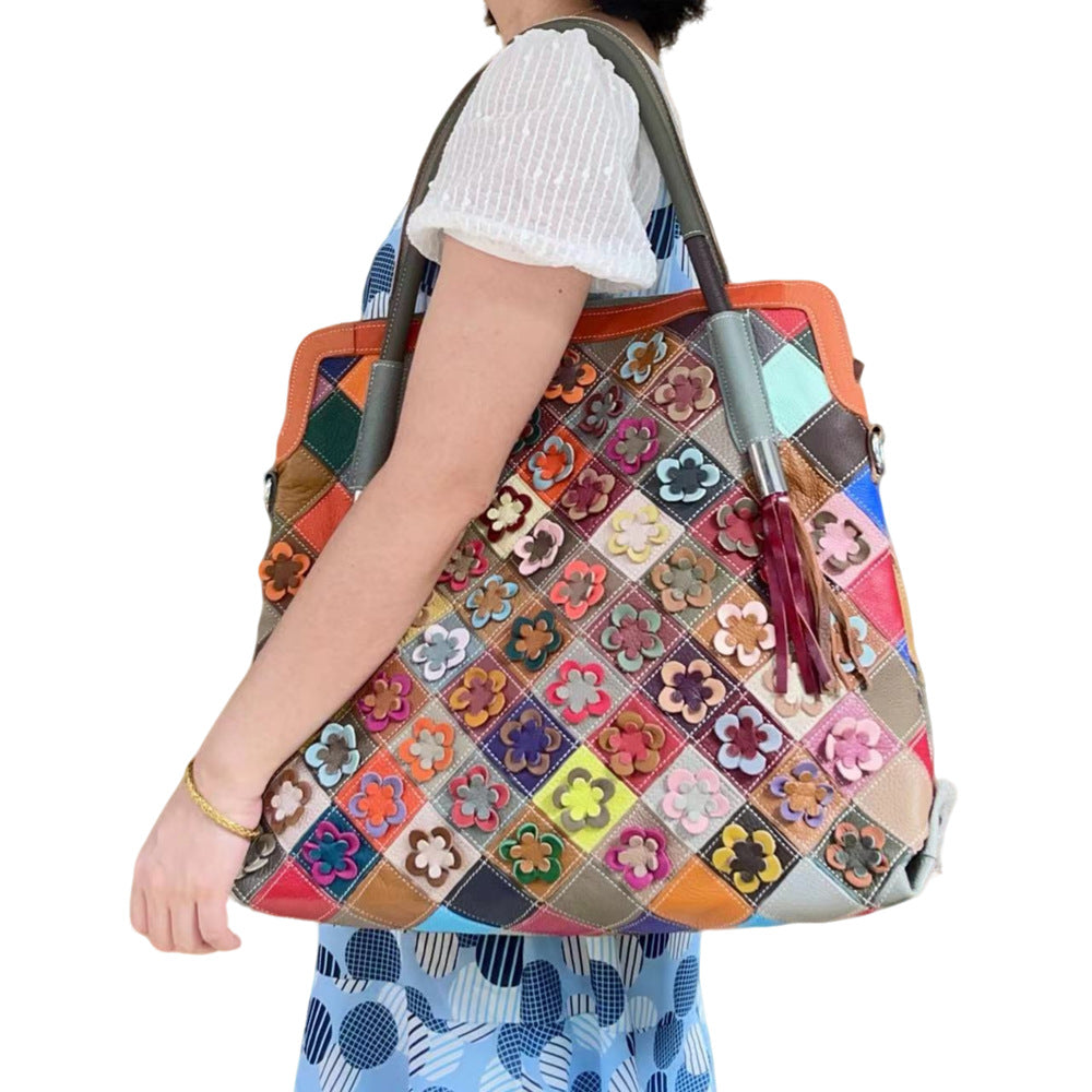 Women's Tote Shoulder Bag 100% Genuine Leather Colorful Floral Patchwork Handbag
