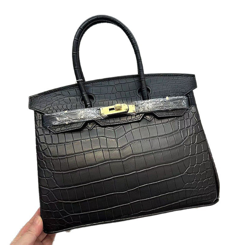 Genuine Top Layer Cowhide Matte Crocodile-Embossed Birkin-Style Bag for Women, Premium Top Handle Shoulder Crossbody Purse, Luxury Handbag for Ladies