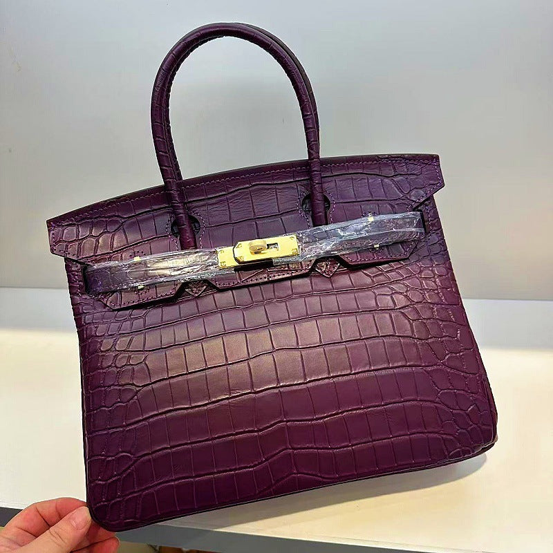 Genuine Top Layer Cowhide Matte Crocodile-Embossed Birkin-Style Bag for Women, Premium Top Handle Shoulder Crossbody Purse, Luxury Handbag for Ladies