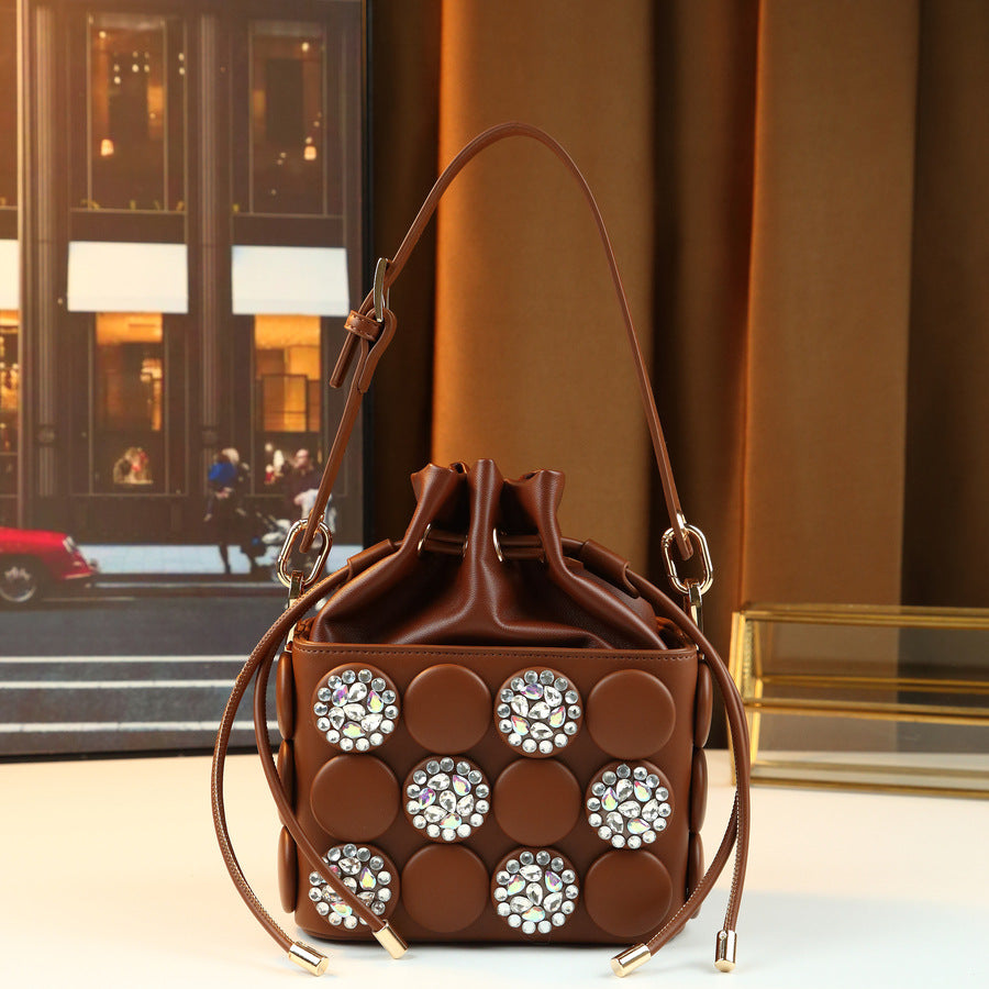 Rhinestone Button Cylinder Bag for Women Handmade Embellished Drawstring Shoulder Crossbody Purse, Unique Sparkling Design with Personality Style