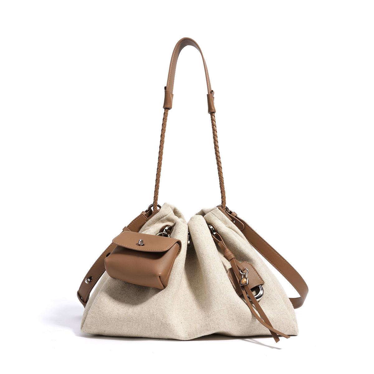 New Linen & Leather Drawstring Cloud Bag, Minimalist Casual Shoulder Crossbody Purse, Premium Versatile Handbag for Women
