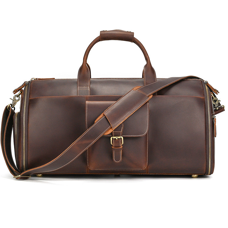 Genuine Leather Foldable Suit Travel Duffle, Multifunctional Garment Bag with Wet-Dry Compartments, Perfect Gym Weekender for Men and Women