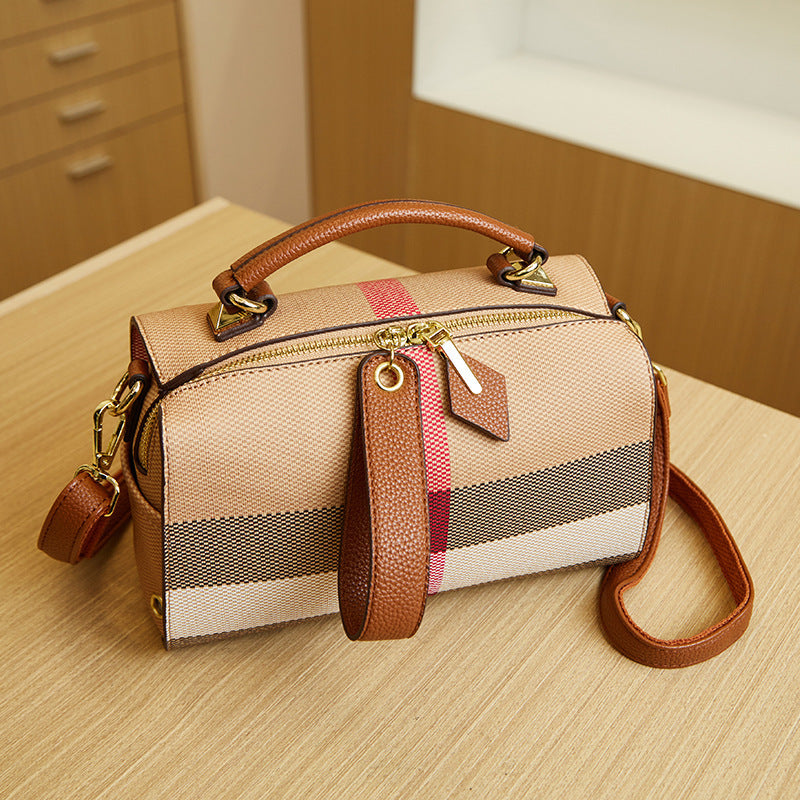 Genuine Leather Plaid Shell Handbag for Women, New Versatile Large Capacity Top Handle Shoulder Crossbody Purse, Trendy Bag for Ladies