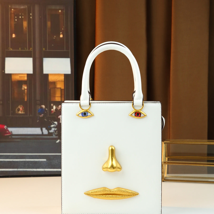 Artistic Face Sculpture Bag for Women 3D Metal Facial Features Top Handle Shoulder Crossbody Purse, Vintage Premium Handbag with Unique Sculptural Design