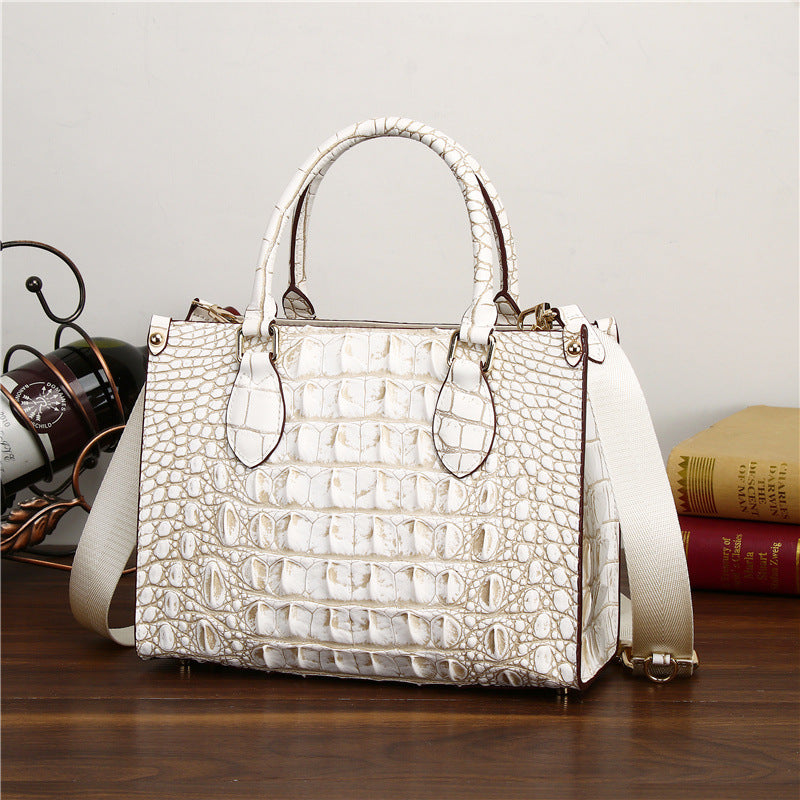 Genuine Leather Couple Tote Bag with Coin Purse, Crocodile Embossed Large Capacity Business Shoulder Handbag for Men and Women
