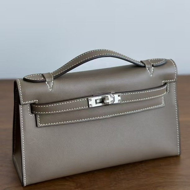 Genuine Swift Leather Mini Kelly-Style Bag for Women, 2025 Spring Summer Hermès-Inspired Top Handle Chain Shoulder Purse, Light Luxury Everyday Handbag for Ladies