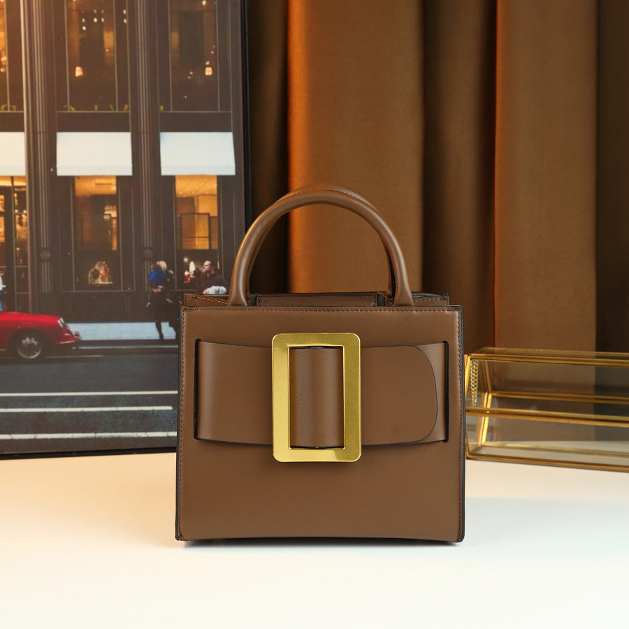 Square Buckle Mini Bag for Women Niche Designer Top Handle Purse, Premium Solid Color Shoulder Crossbody Handbag with Elegant Hardware Accent