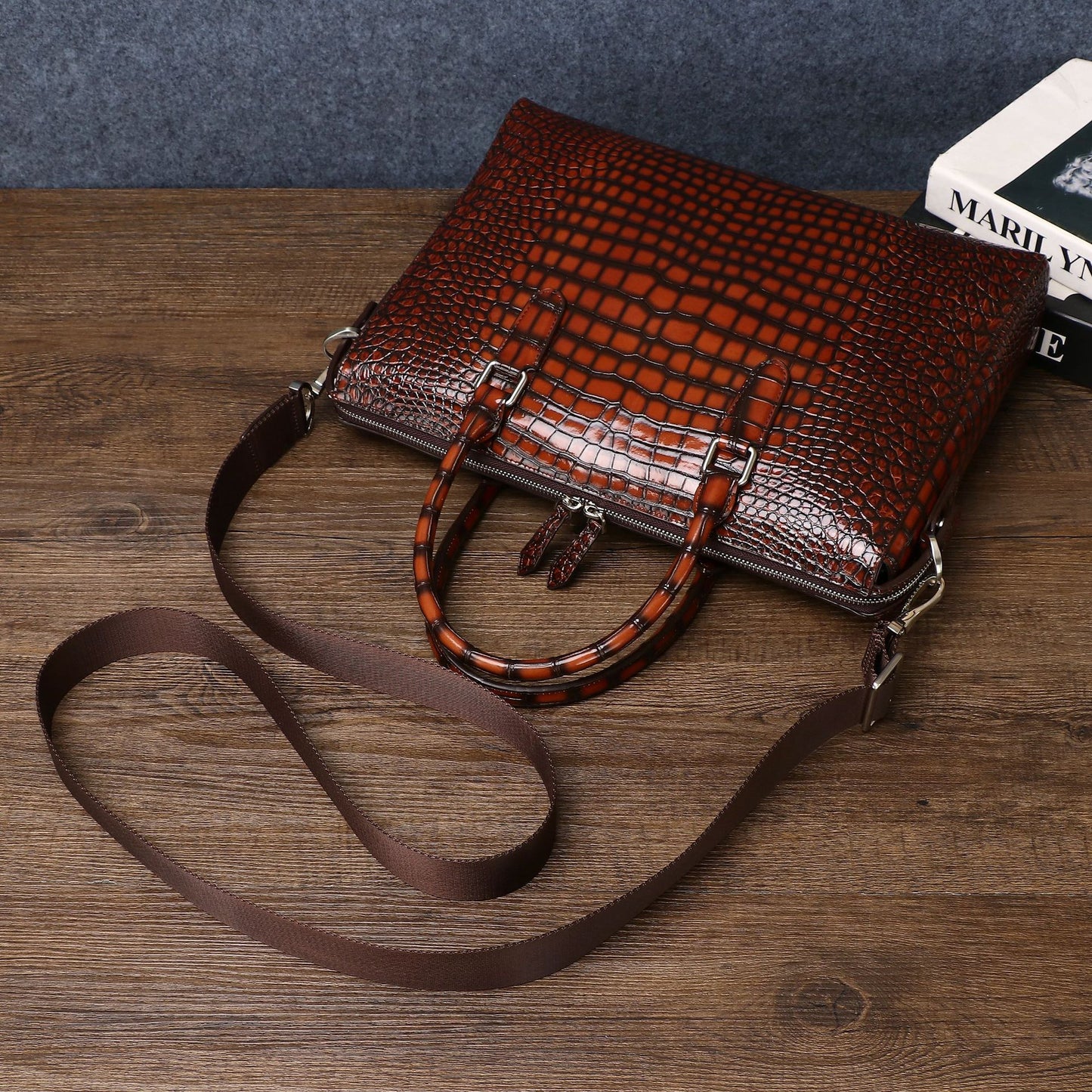New Arrival Distressed Croc-Effect Men's Business Bag, A Waterproof Silicone Top-Handle Crossbody Shoulder Bag with Trendy Design