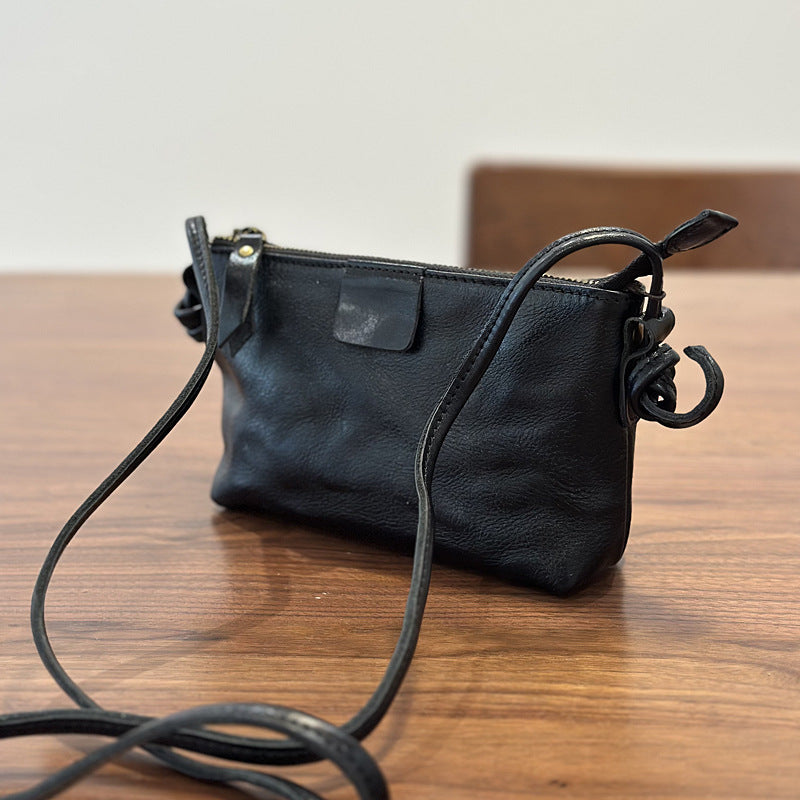 New Vintage Niche Genuine Leather Mini Phone Crossbody Bag, Textured Shoulder Purse, Versatile Commute Handbag for Women
