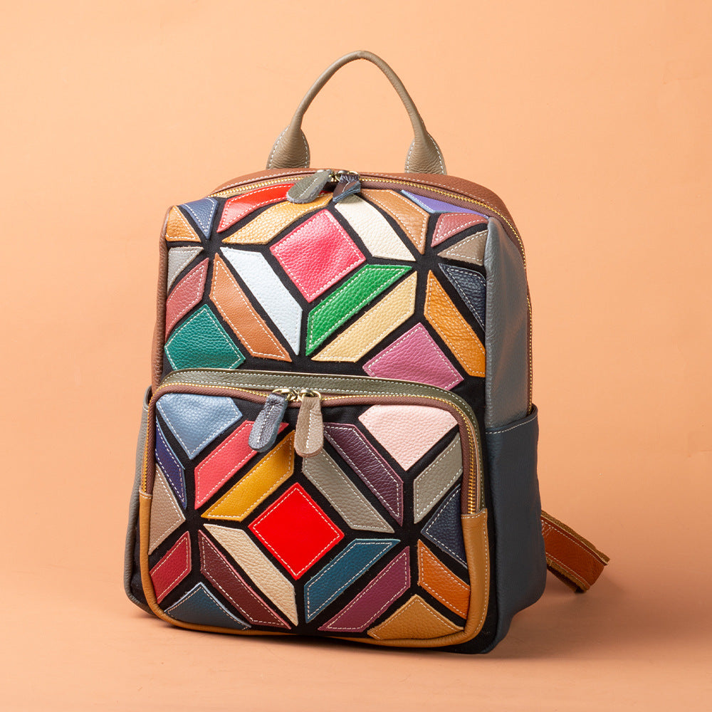 Genuine Leather Colorful Bohemian Geometric Color Block Backpack for Women, New Arrival Casual Trendy Daypack, Boho Travel Shoulder Bag for Ladies