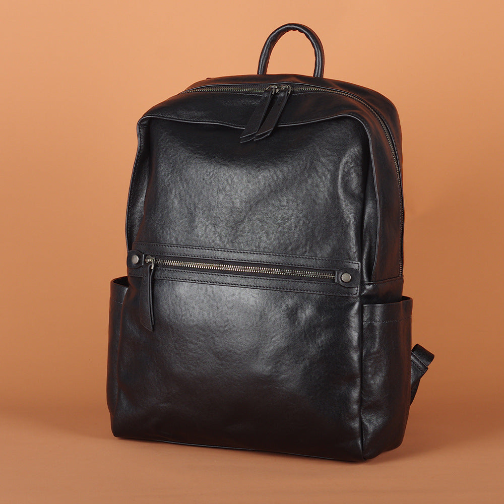 New Black Top Layer Cowhide Leather Backpack, Business Commute Laptop Daypack, Versatile Travel Bag for Men and Women