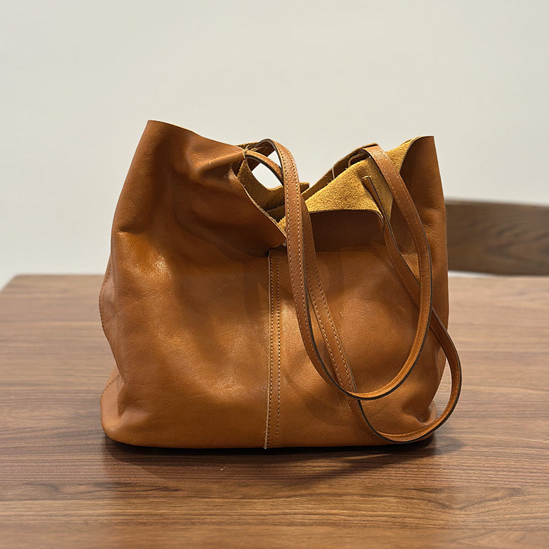 Genuine Leather Handmade Vintage Tote Bag for Women, New Minimalist Large Capacity Shoulder Top Handle Purse, Versatile Commute Handbag for Ladies