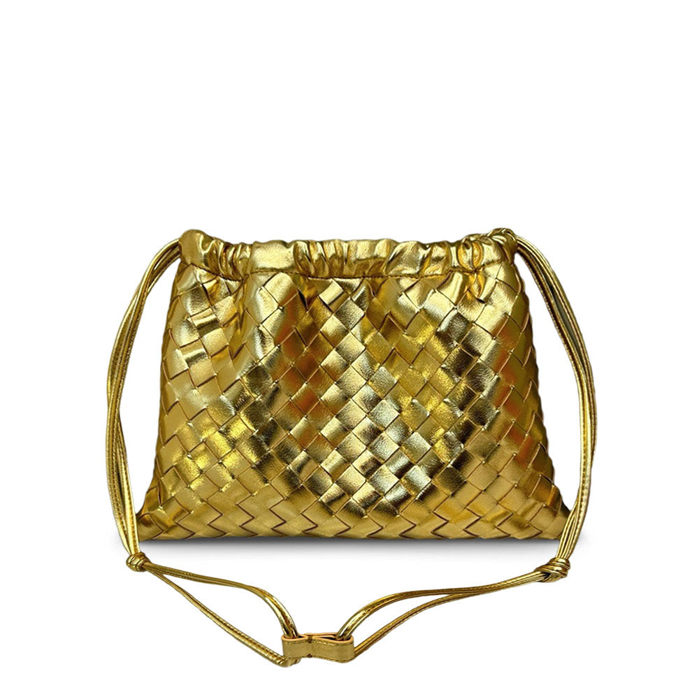 First layer cowhide leather woven bag, clutch bag, drawstring lucky bag, large capacity underarm shoulder bag, bag for women
