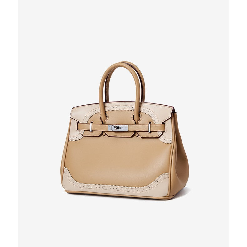 Large Capacity Genuine Leather Tote Bag for Women, Birkin-Inspired Top-Handle Handbag with Elegant Lace-Trimmed Design, Versatile Crossbody Purse for Everyday & Work