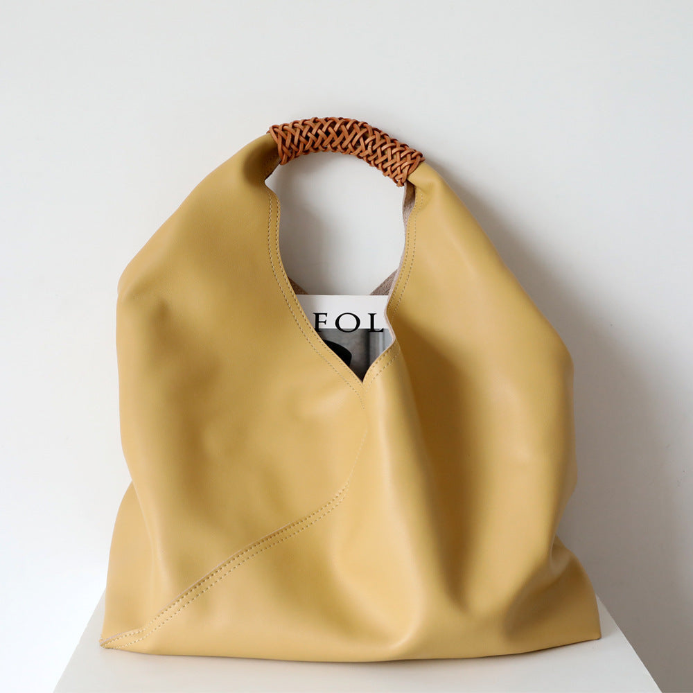 Patchwork Woven Cowhide Underarm Tote Bag for Women Geometric Shoulder Handbag, Niche Versatile Commuter Purse with Minimalist Style