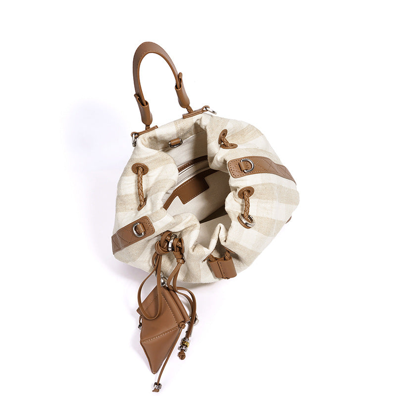 New Niche Drawstring Backpack in Linen & Leather, Large Capacity Commute Travel Daypack, Lightweight Casual Bag for Women