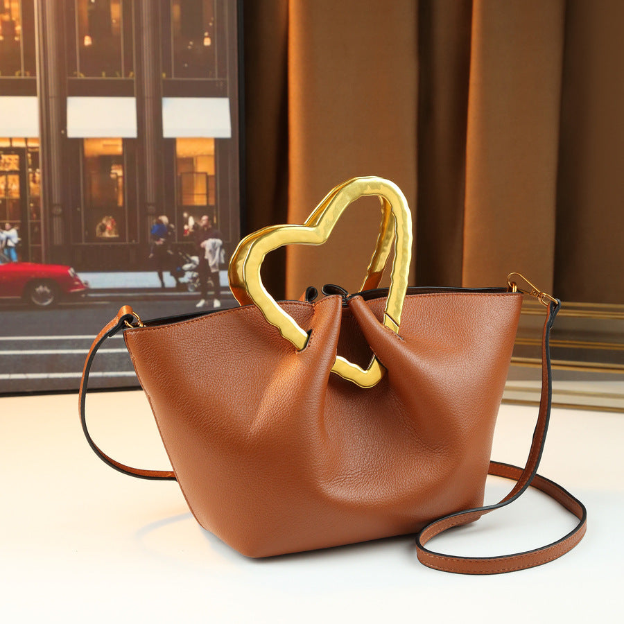 Heart Metal Handle Bucket Bag for Women Soft Leather Pleated Shoulder Crossbody Handbag, Trendy Designer Purse with Romantic Hardware Accent