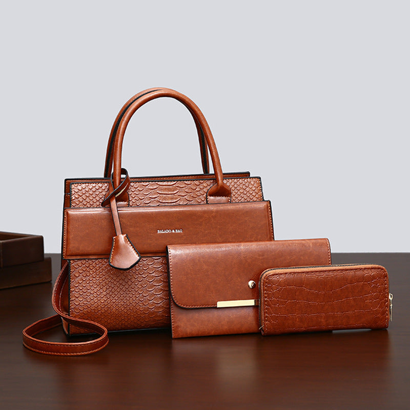 New Arrival Vintage Croc-Effect 3-Piece Handbag Set for Women, A Large Capacity Crossbody Top-Handle Commuter Bag with Versatile Elegant Design, Perfect Everyday Set