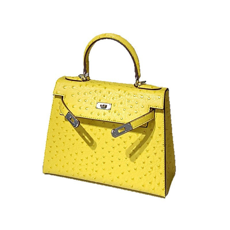 Genuine Leather Ostrich-Embossed Kelly-Style Bag for Women, New Spring Summer Premium Shoulder Crossbody Top Handle Purse, Fashionable Versatile Handbag for Ladies