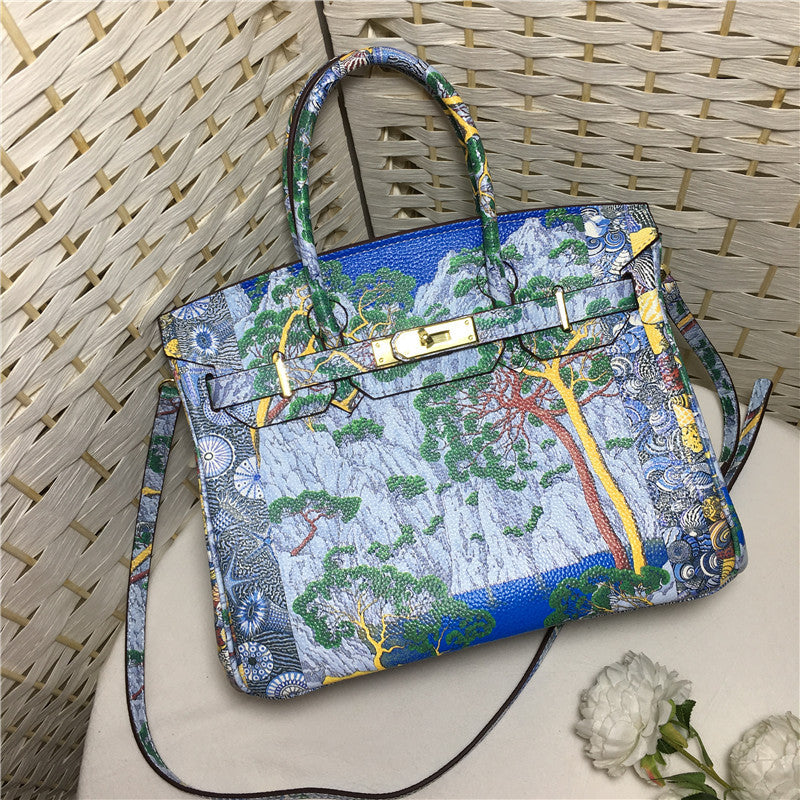 Genuine Leather Graffiti Print Birkin-Style Handbag for Women, New Casual Top Handle Shoulder Crossbody Purse, European Classic Trendy Tote Bag for Ladies
