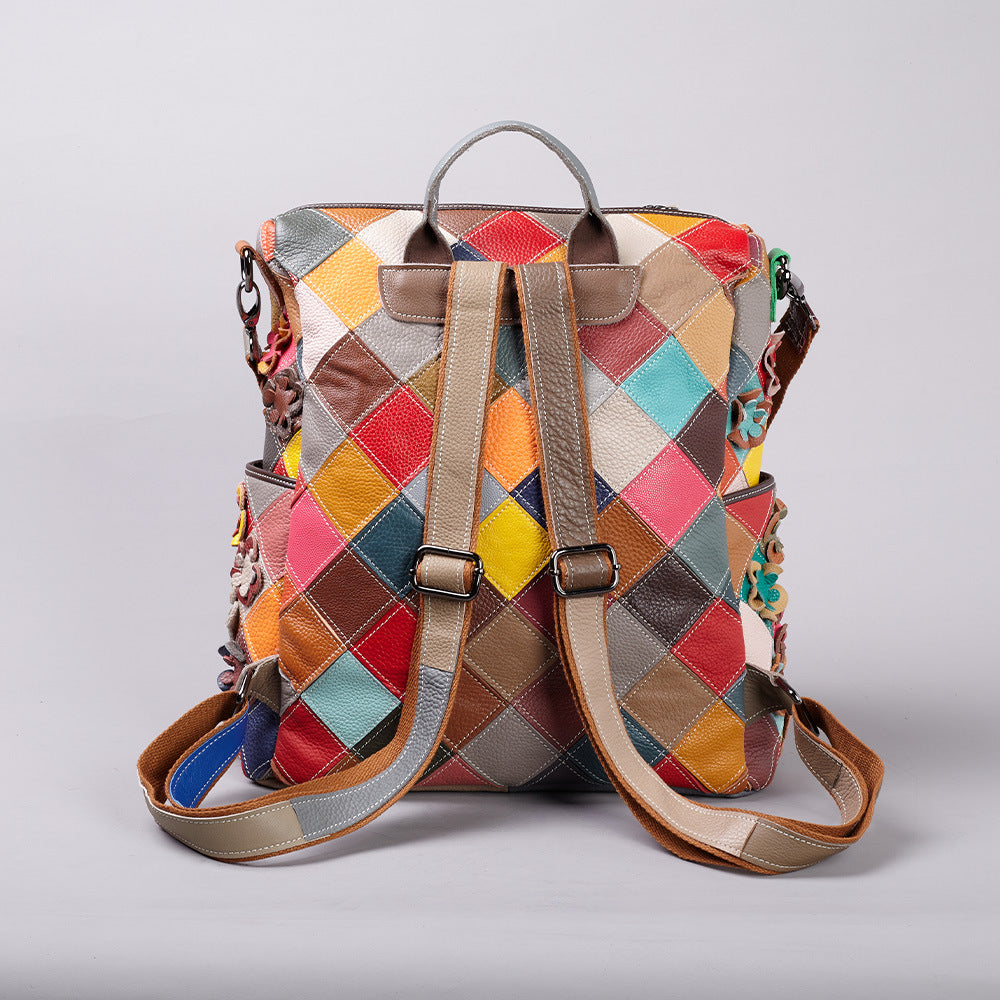 Genuine Top Layer Cowhide Vintage Color Block Patchwork Backpack, Large Capacity Travel School Daypack, Commute Bag for Men and Women, Casual Leather Rucksack