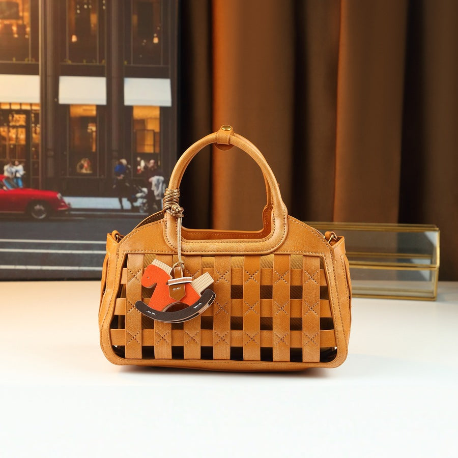 Woven Hollow Small Bucket Bag Set for Women Summer Commuter Purse with Horse Keychain & Detachable Pouch, Exquisite Going-Out Handbag with Artisan Design
