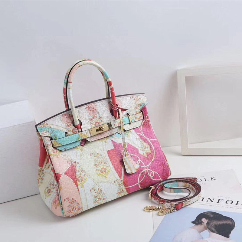 Genuine Leather Graffiti Print Birkin-Style Handbag for Women, New Casual Top Handle Shoulder Crossbody Purse, European Classic Trendy Tote Bag for Ladies
