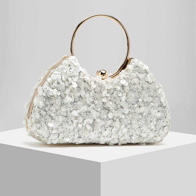 Pearl Embellished Ring Evening Clutch for Women, New Formal Gown Chain Handbag, Elegant Wedding Party Purse for Ladies