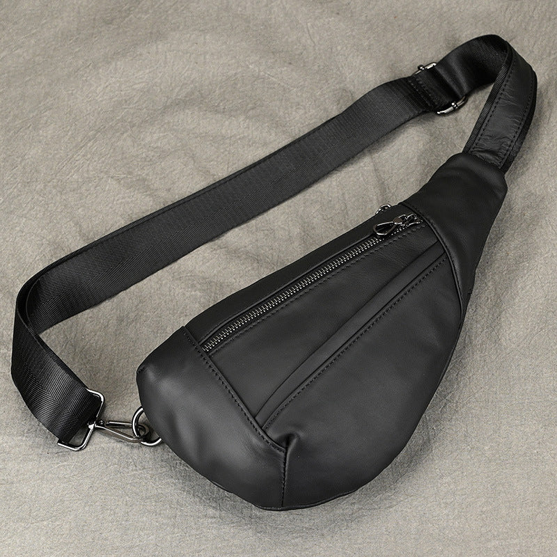 Creative Fashion Black Chest Bag in Top Layer Cowhide, Crossbody Shoulder Pouch, Outdoor Casual Bag for Men