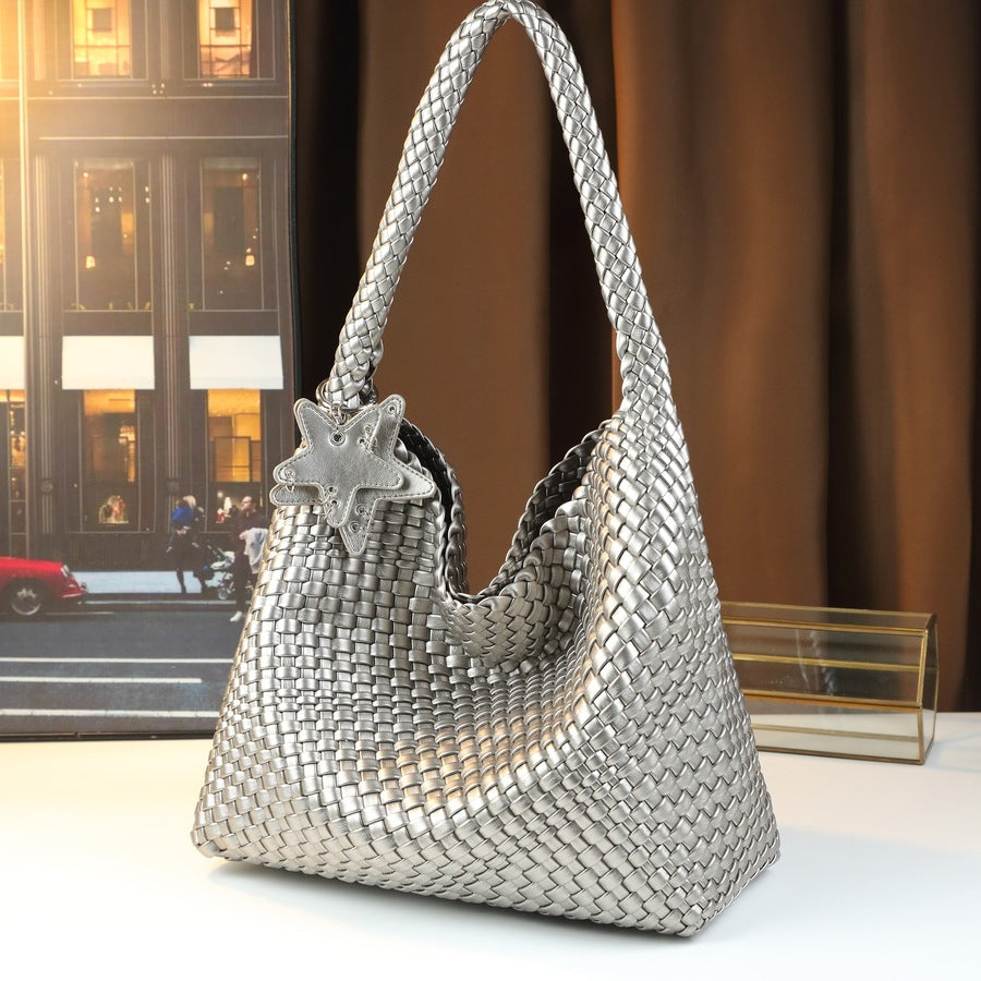 Woven Star Basket Bag for Women Summer Shoulder Handbag with Detachable Sub-Pouch, Fresh Versatile Purse with Playful Star Design