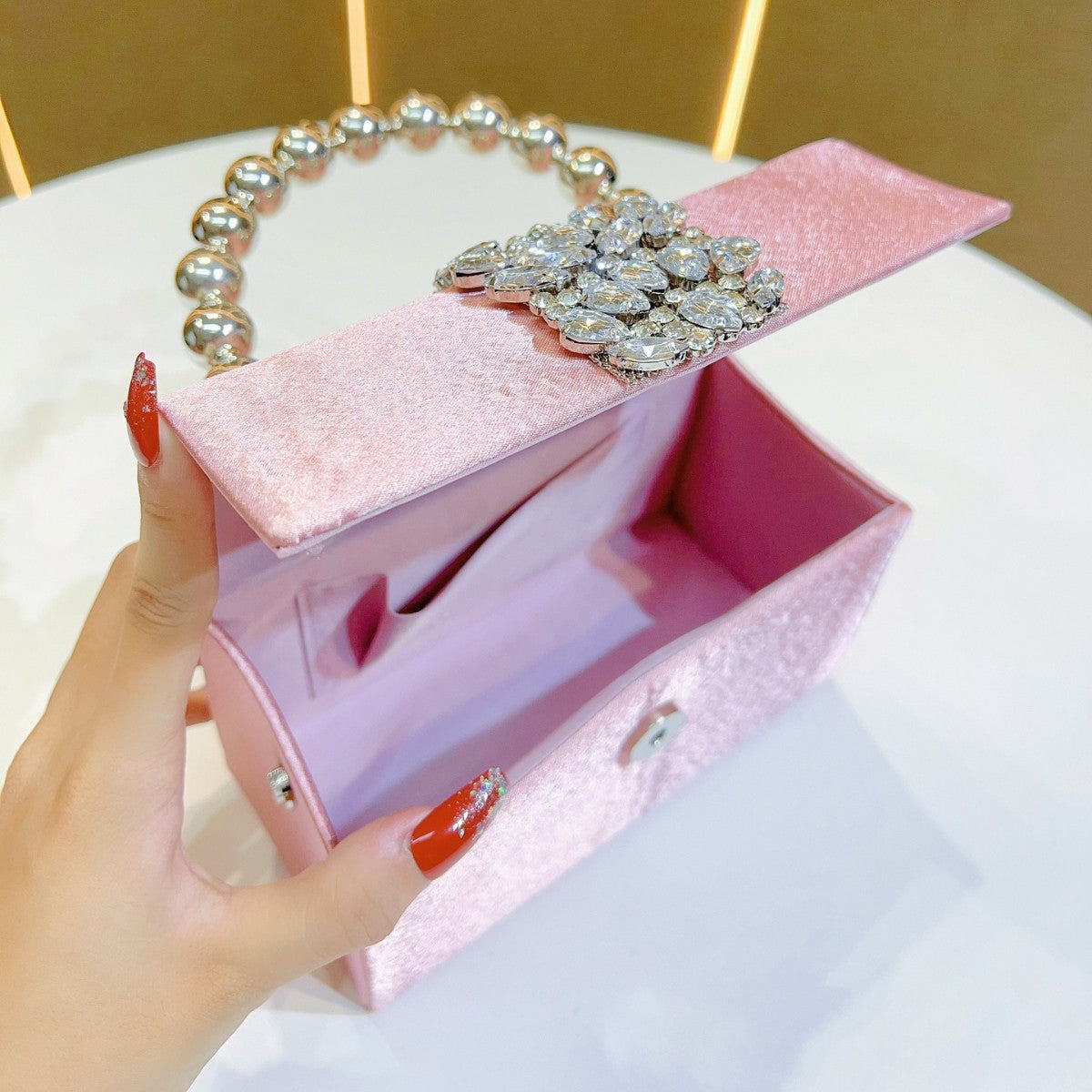 Chic French-Style Sparkly Rhinestone Box Clutch for Women, A Luxurious Silk Satin Small Square Bag with Elegant Pearl Accents & Removable Crossbody Strap, Perfect for Banquets Weddings & Formal Evening Events