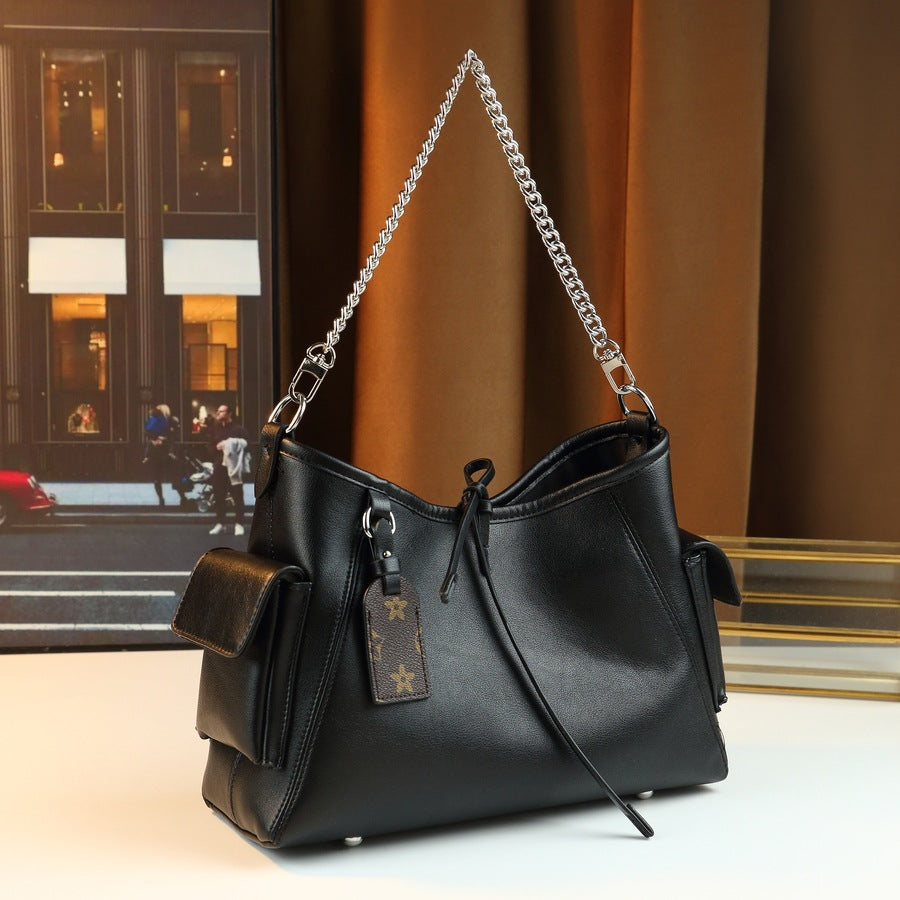 Black Samurai Chain Tote Bag for Women Large Capacity Commuter Shoulder Crossbody Handbag, Premium Versatile Purse with Edgy Hardware Detail