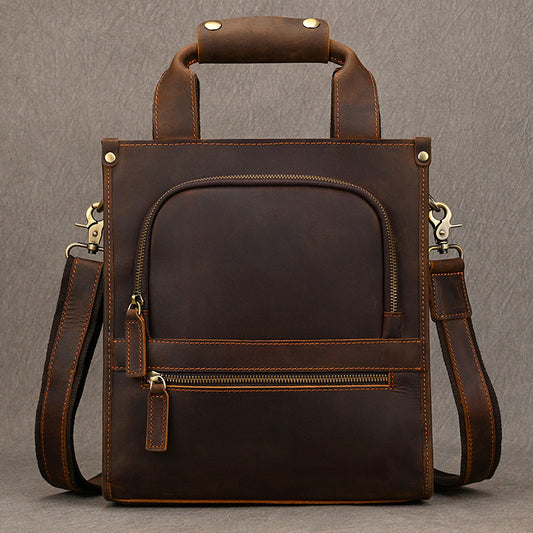Genuine Crazy Horse Cowhide Shoulder Bag for Men, New Vintage Dark Brown Vertical Crossbody Pouch, Commute Top Handle Bag for Gentlemen