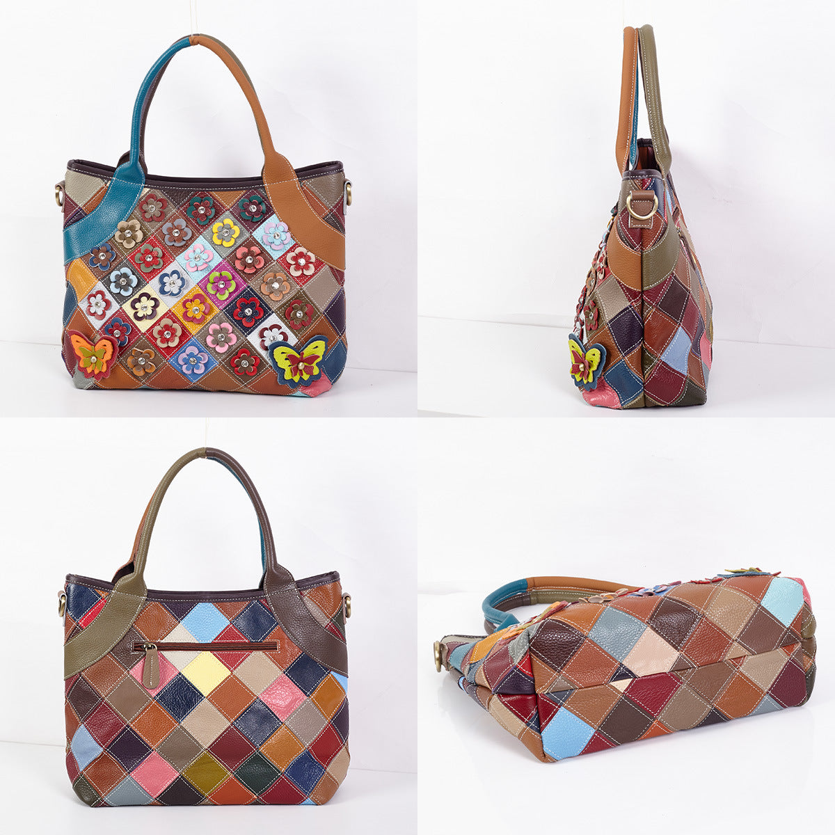 Premium Handcrafted Floral Patchwork Color-Block Tote for Women | Genuine Leather Top-Handle Cross-Body Shoulder Bag with Unique Artistic Design | Versatile 3-in-1 Carry Purse for Work, Errands, Travel & Everyday Chic | Trendy Statement Handbag with